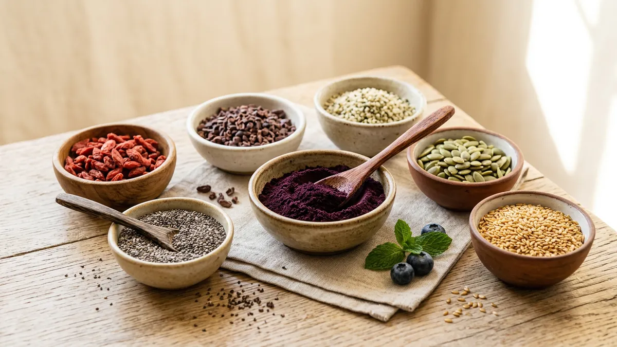 Acai berry en polvo en un cuenco pequeño sobre una mesa