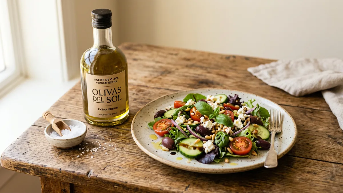 Botella de aceite de oliva sobre mesa de madera