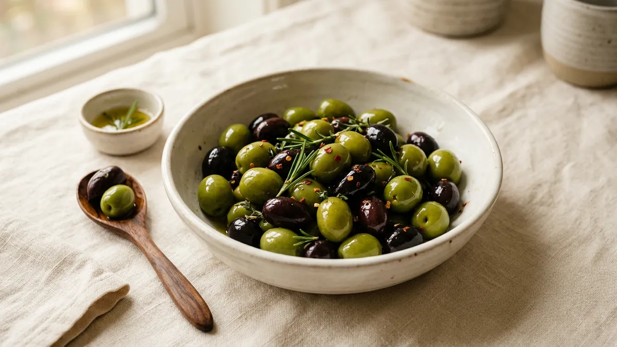 Aceitunas verdes y negras en un plato