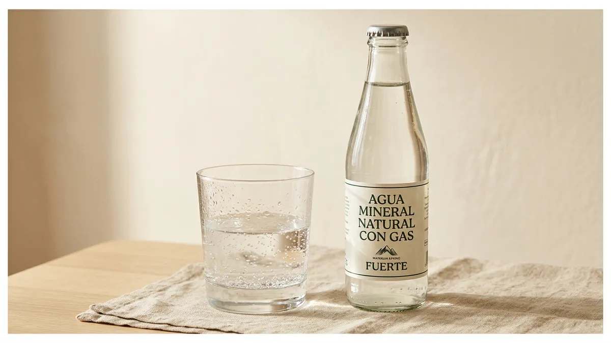 Botella de agua con gas sobre fondo blanco