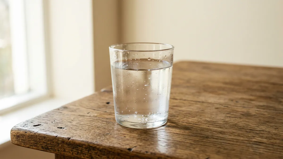 Vaso de agua sobre mesa de madera