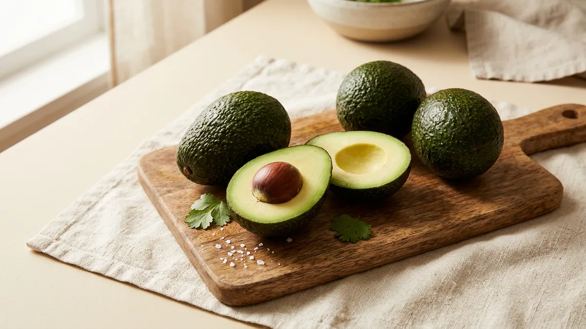 Aguacates frescos sobre una tabla de madera