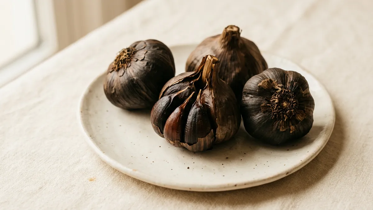 Cabezas de ajo negro sobre fondo blanco