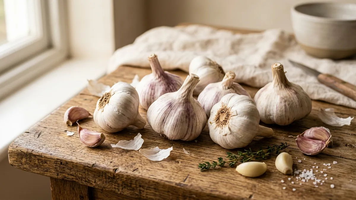 Cabezas de ajo en una superficie de madera