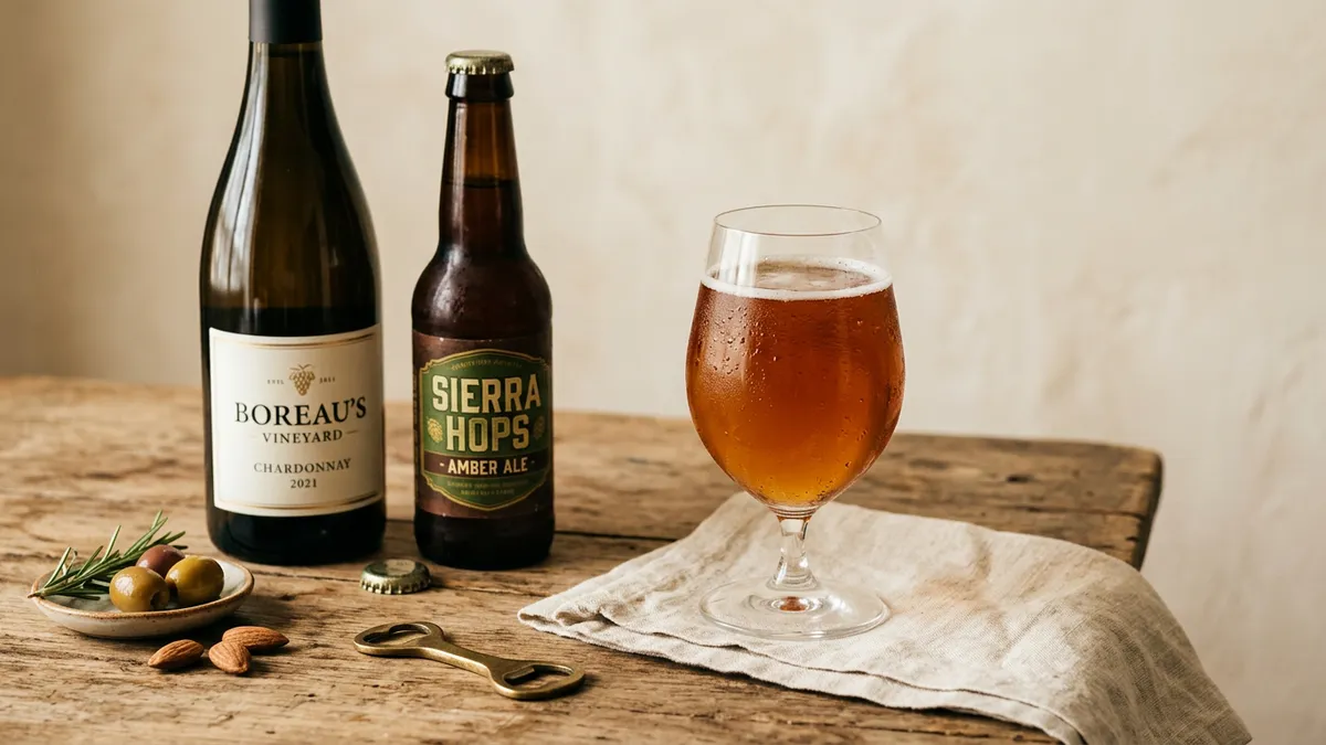 Botellas de vino y cerveza sobre una mesa