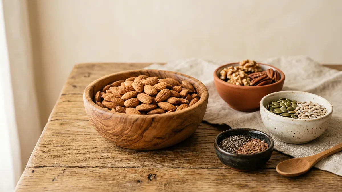 Almendras en un cuenco de madera sobre una mesa