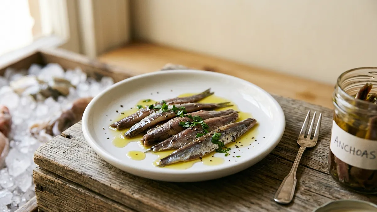 Anchoas en aceite sobre un plato blanco