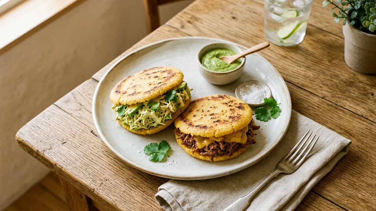 Arepas de maíz en un plato blanco sobre mesa de madera