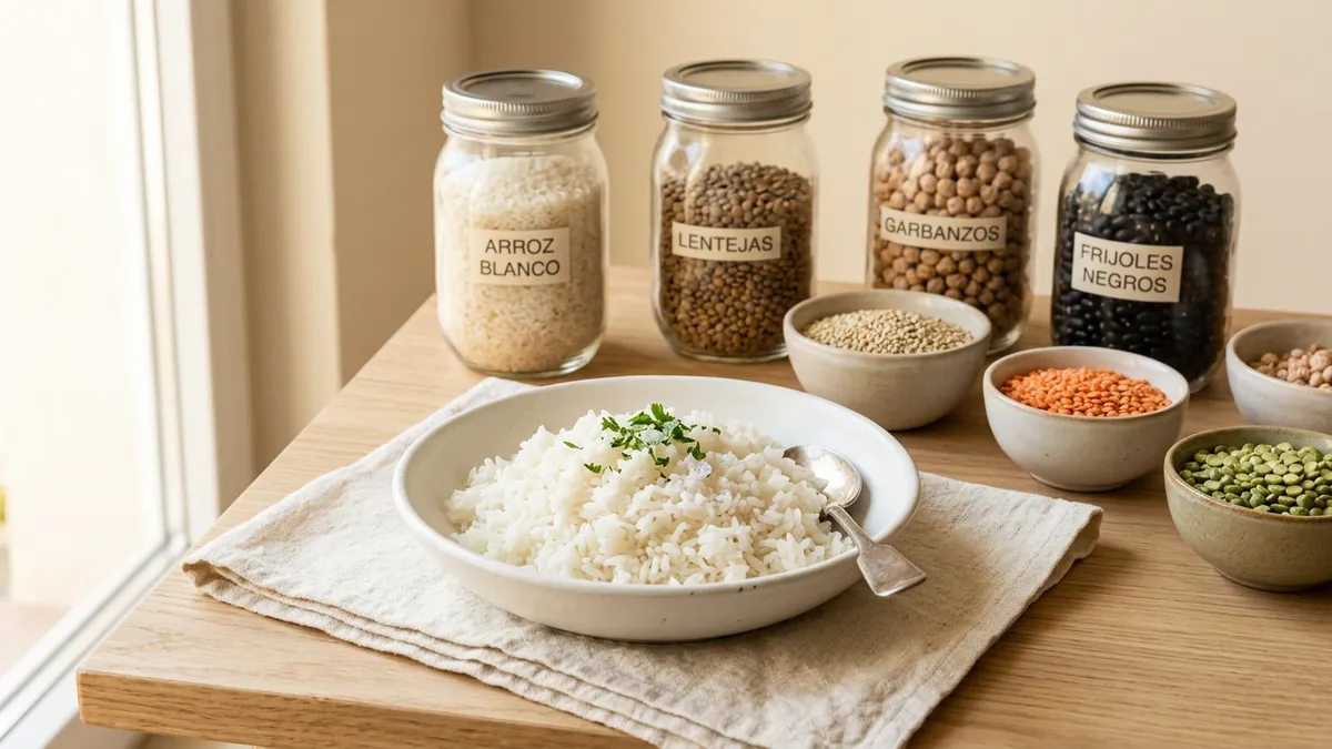 Arroz blanco cocido en un cuenco sobre mesa de madera