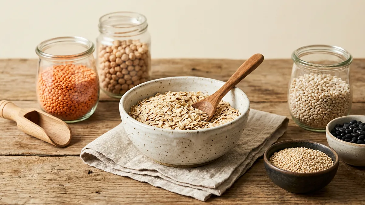 Copos de avena integral en un cuenco de cerámica con cuchara de madera