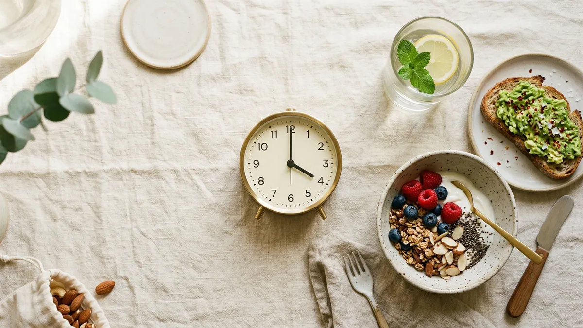 Reloj y alimentos sobre mesa, simbolizando el ayuno intermitente