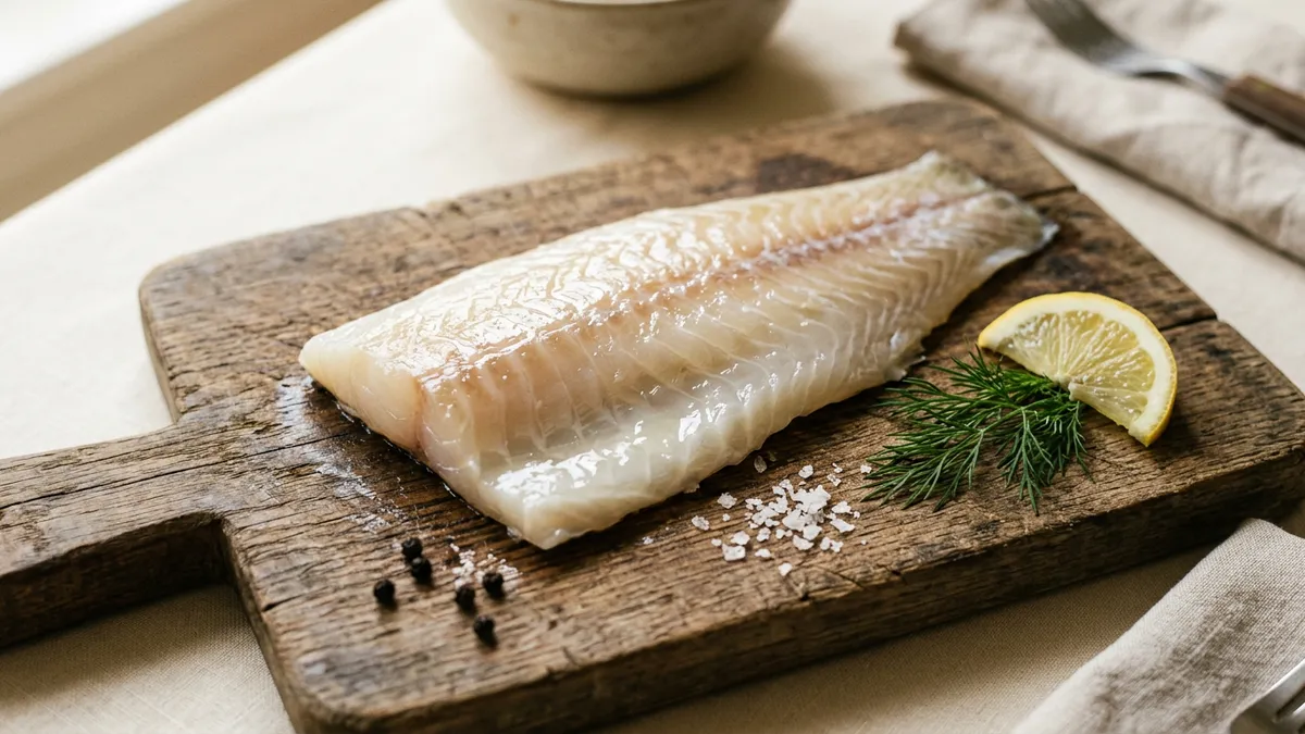 Filete de bacalao sobre una tabla de cortar