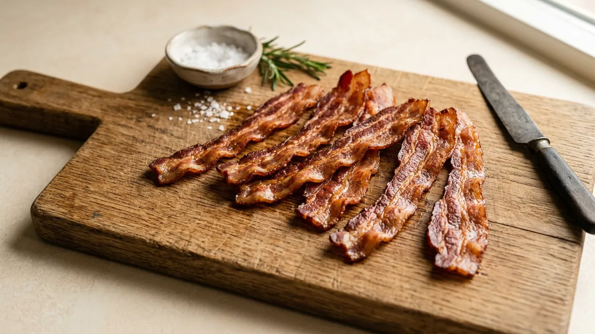 Tiras de bacon cocinado sobre una tabla de madera
