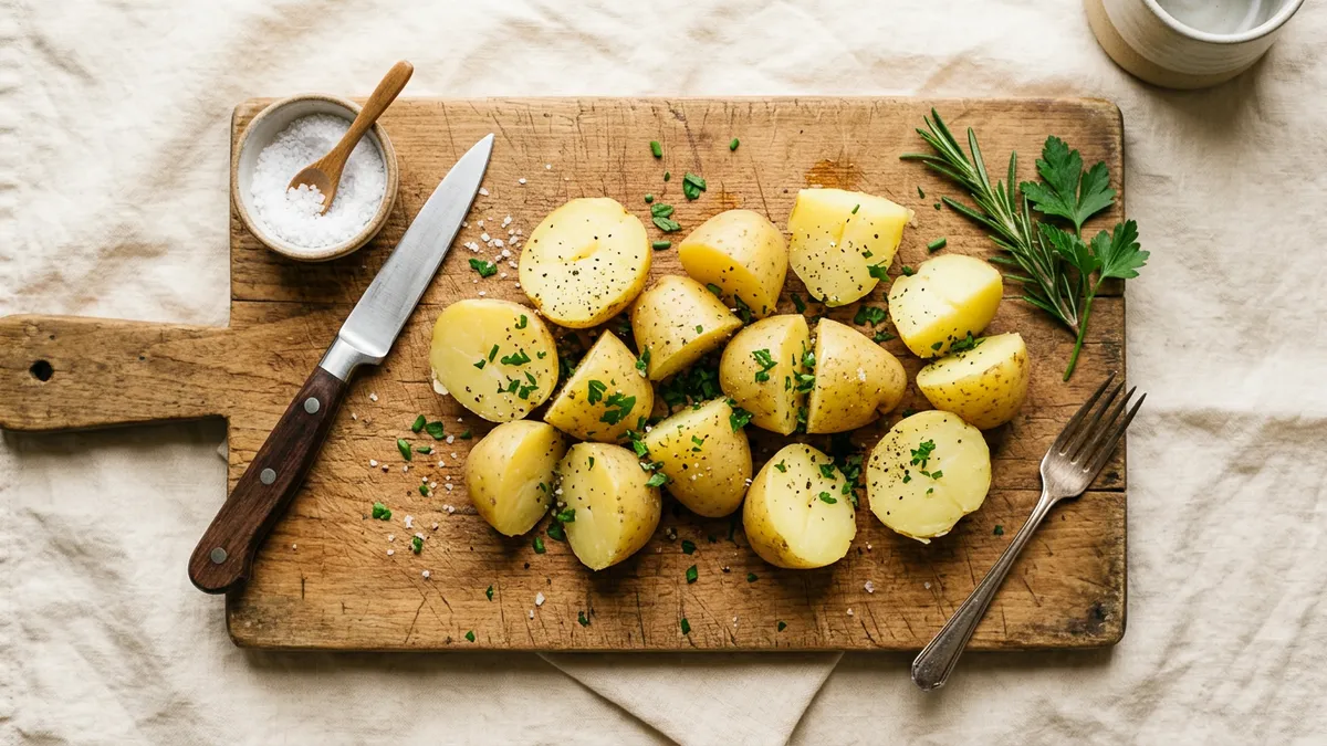 Batatas cocidas y cortadas sobre una tabla de madera