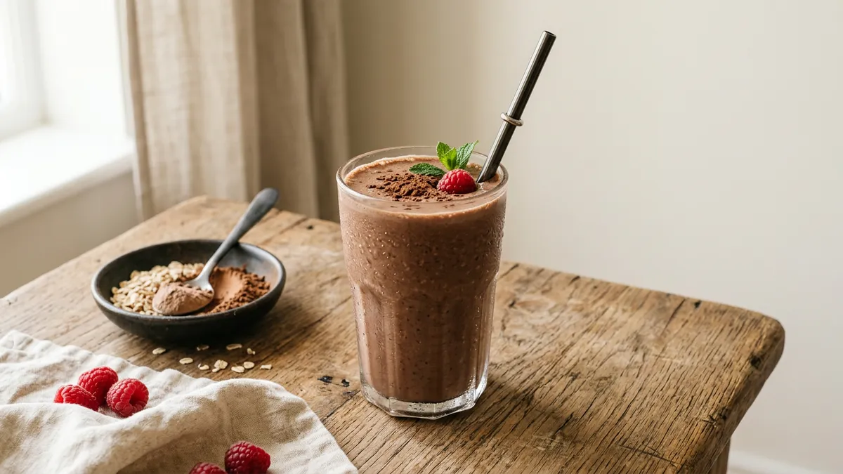 Batido de proteína en vaso sobre mesa de madera
