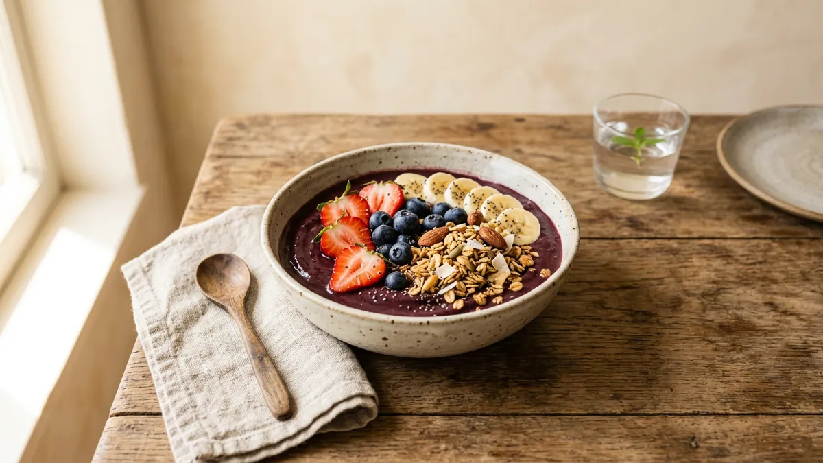 Bowl de acai con frutas y granola sobre mesa de madera
