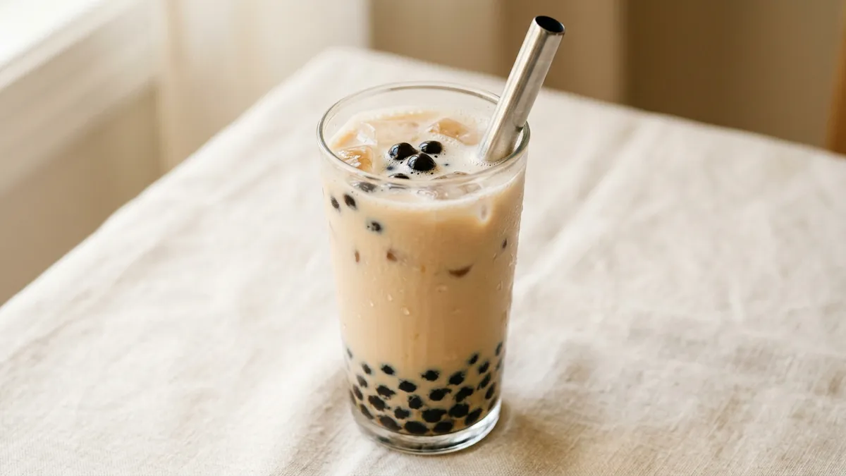 Vaso de bubble tea con perlas de tapioca en fondo neutro