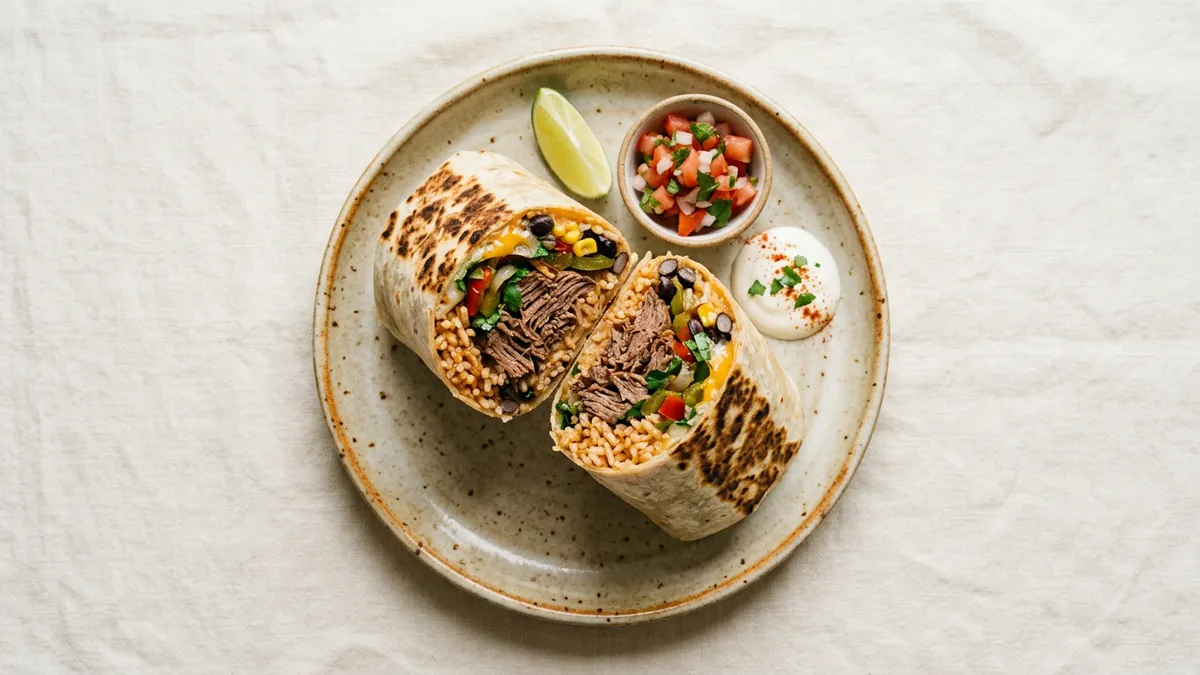 Burrito relleno de carne, arroz y verduras sobre fondo blanco