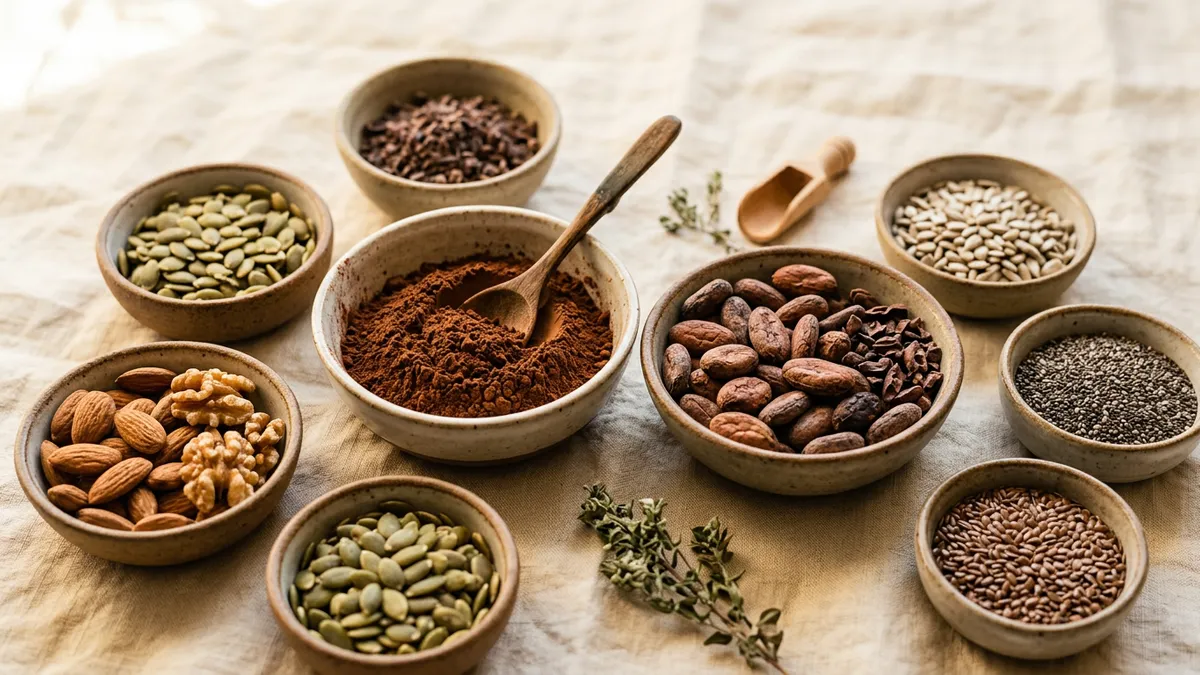 Cacao en polvo en un bol junto a granos de cacao