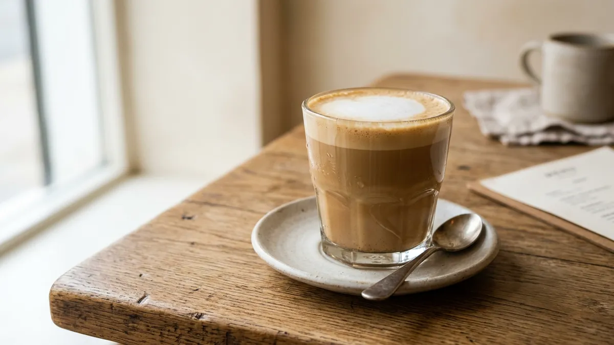 Taza de café con leche sobre mesa de madera