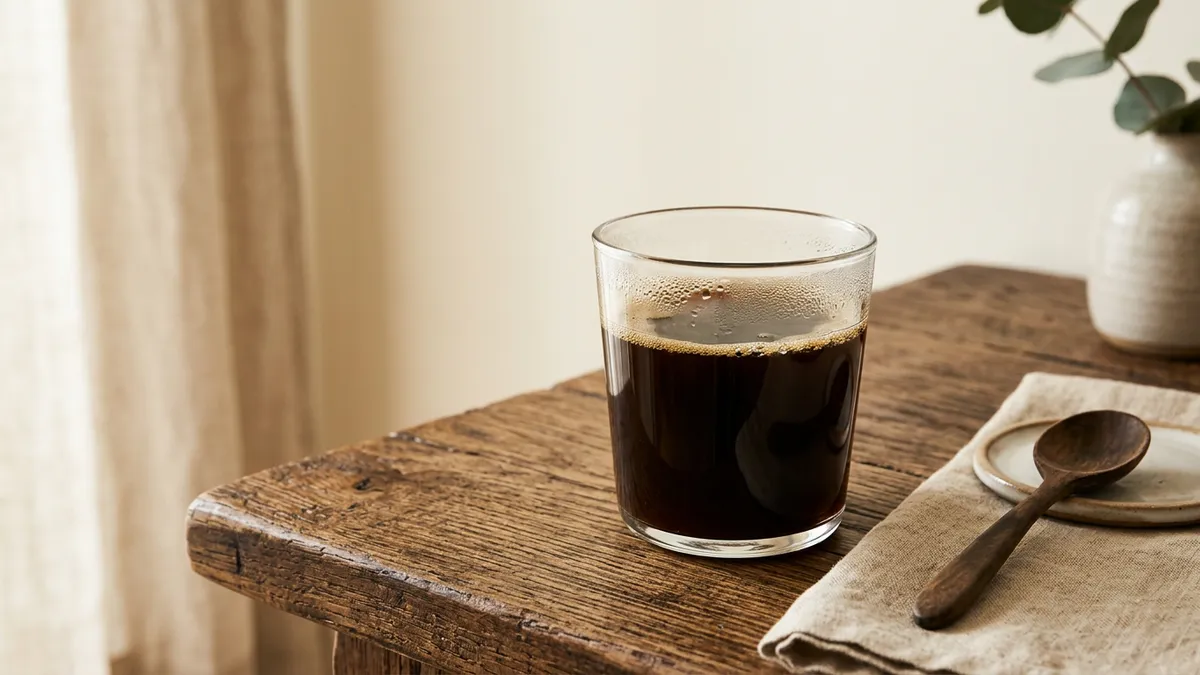 Taza de café solo negro sobre mesa de madera