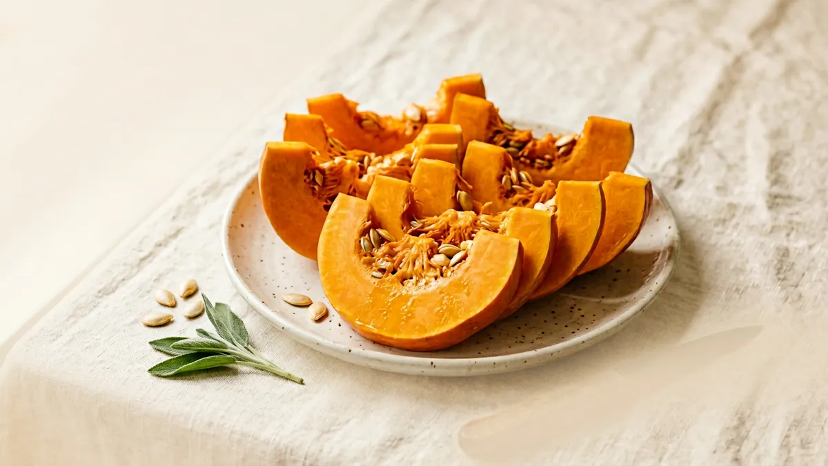 Calabaza cortada en rodajas sobre fondo blanco