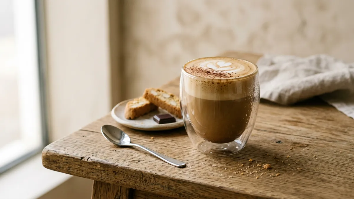 Taza de capuchino sobre una mesa de café