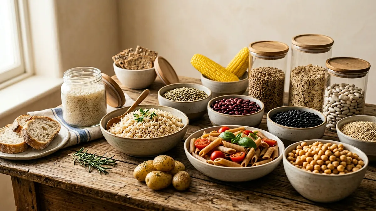 Varias fuentes de carbohidratos como arroz, pasta y legumbres sobre una mesa