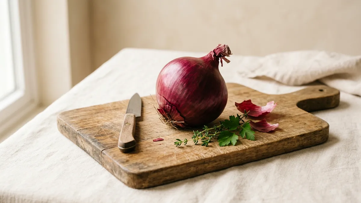 Cebolla fresca sobre una tabla de cortar