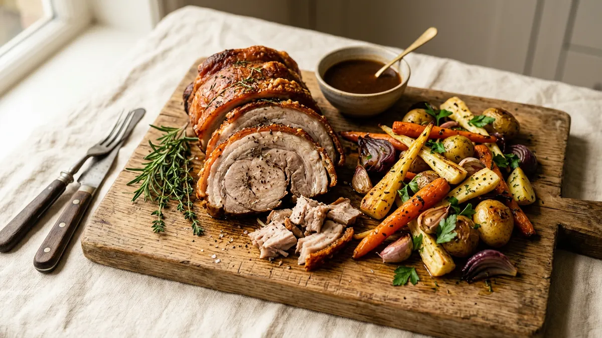 Plato de cerdo asado con guarnición de verduras