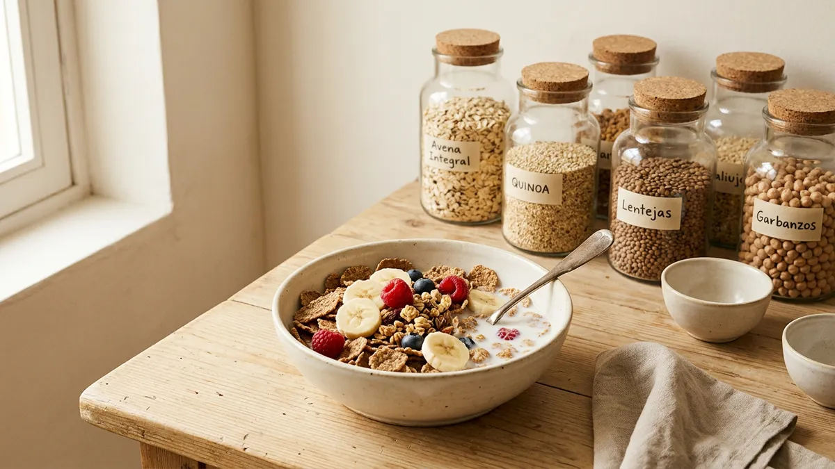 Cereales de desayuno en un bol con leche