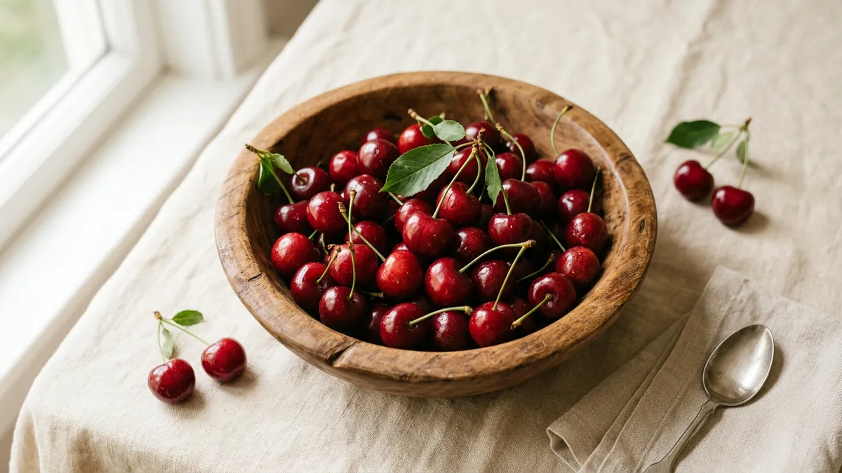 Cerezas frescas en un cuenco de madera