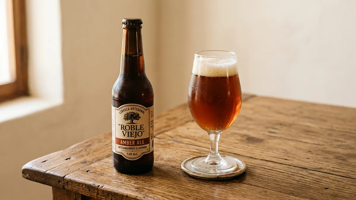Botella de cerveza artesanal sobre mesa de madera