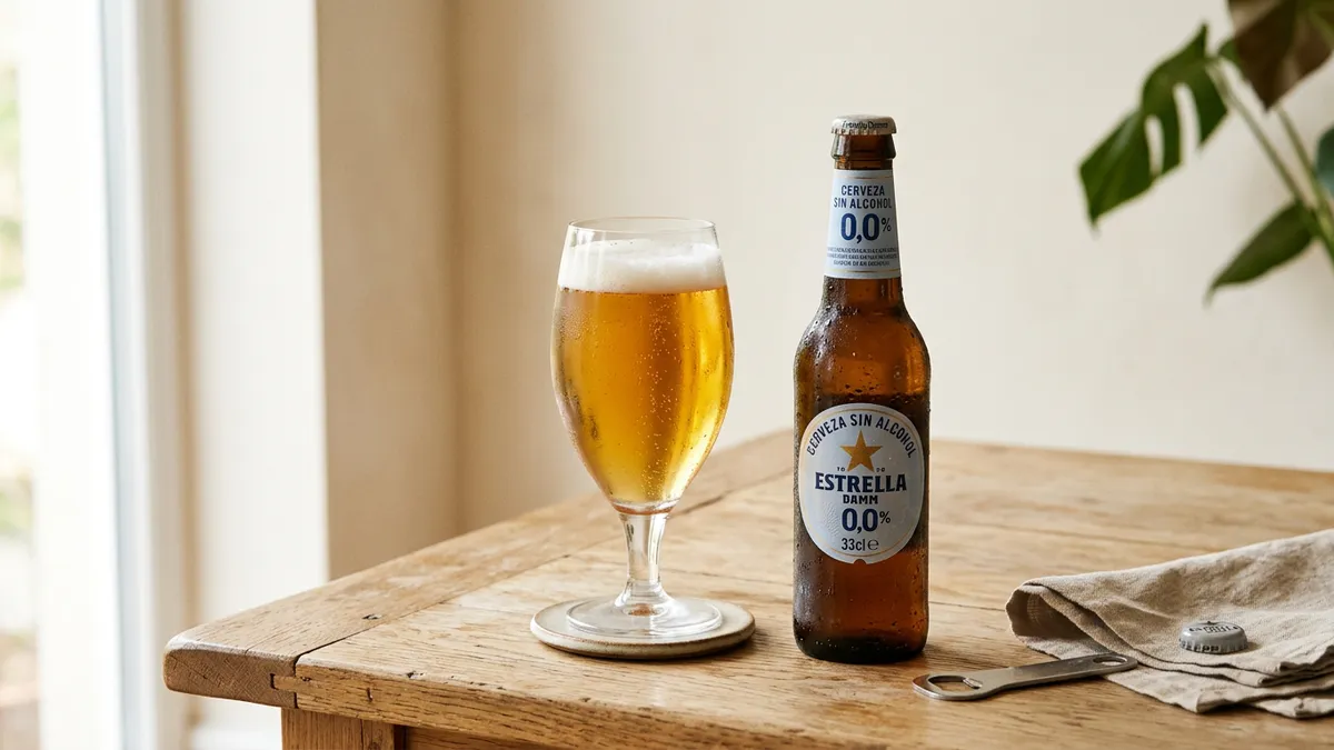 Botella de cerveza sin alcohol sobre una mesa