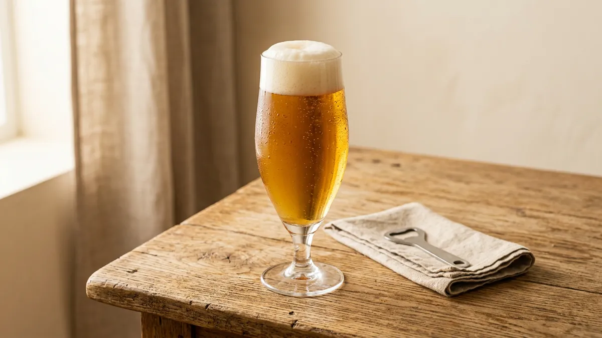 Cerveza en vaso sobre una mesa de madera