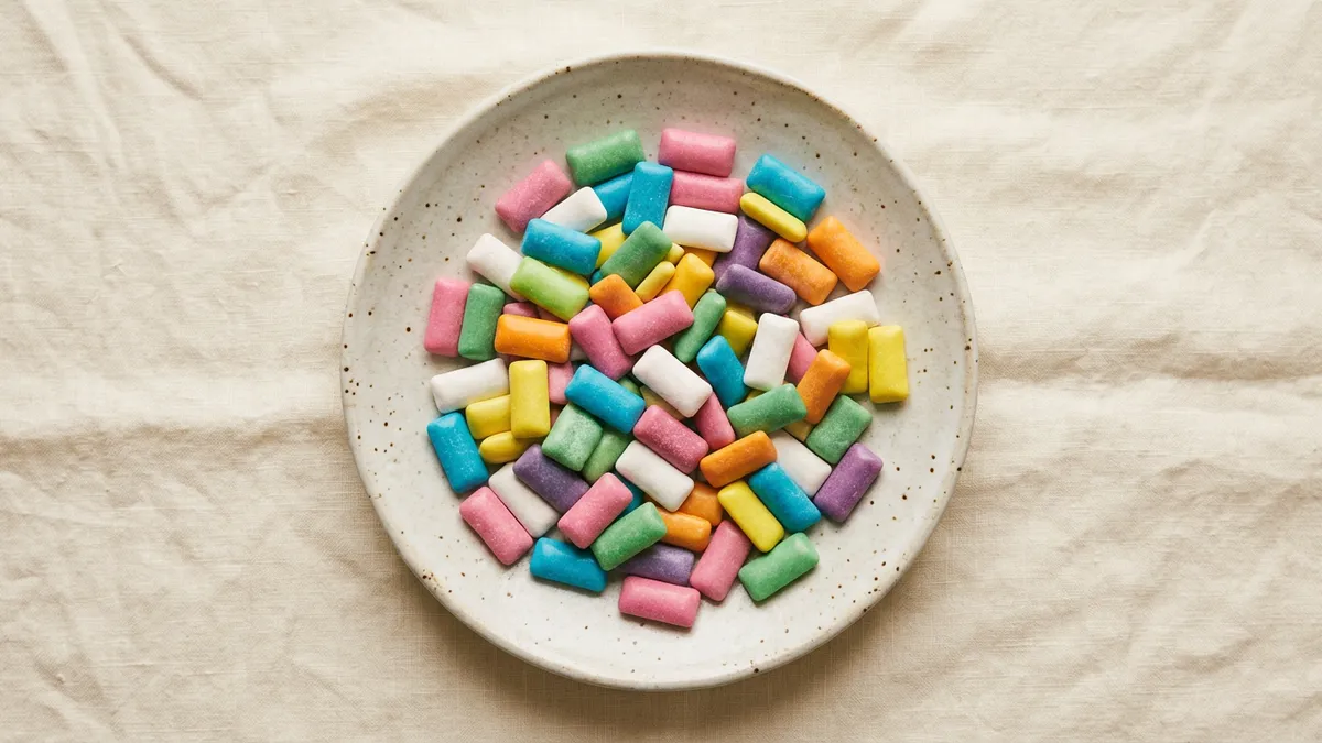 Varias piezas de chicle de diferentes colores sobre una superficie blanca