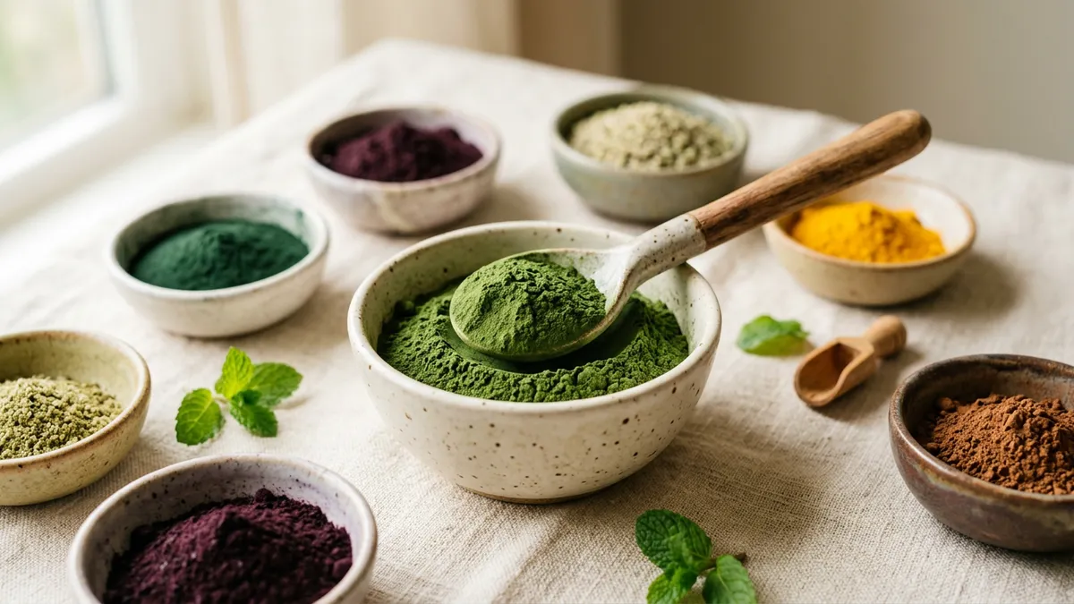Chlorella en polvo sobre una cucharada