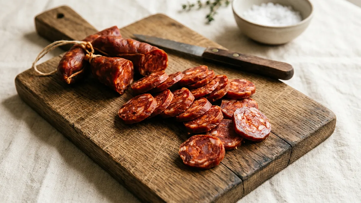 Chorizo en rodajas sobre una tabla de madera