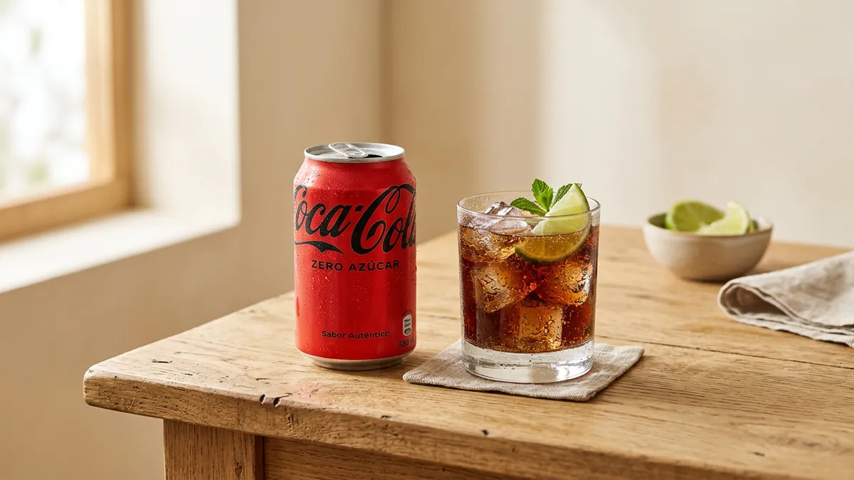Lata de Coca-Cola Zero sobre mesa con hielo