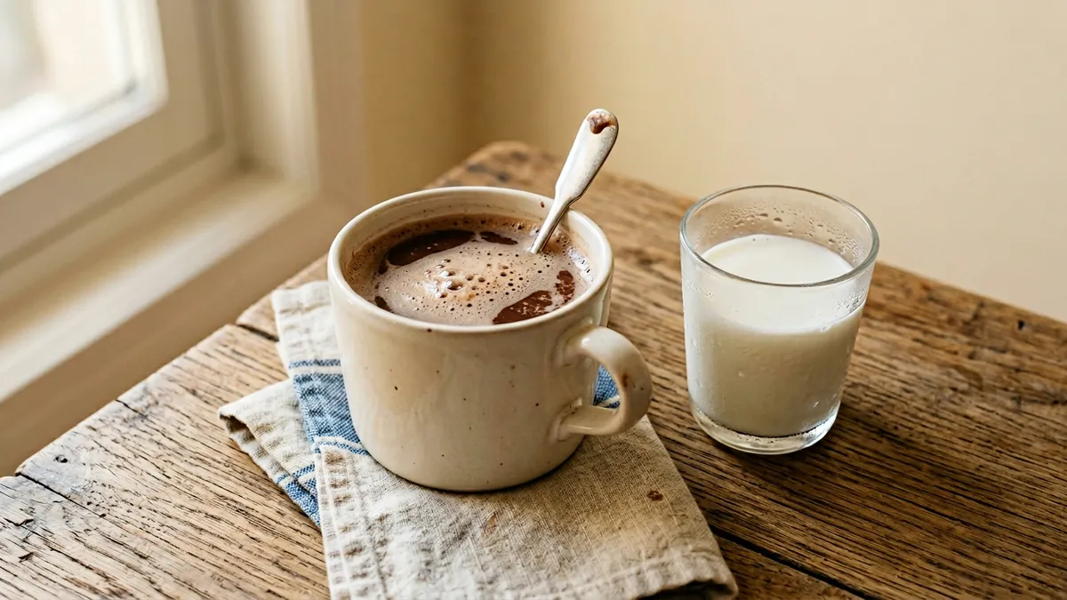 Taza de Colacao con leche sobre una mesa de madera