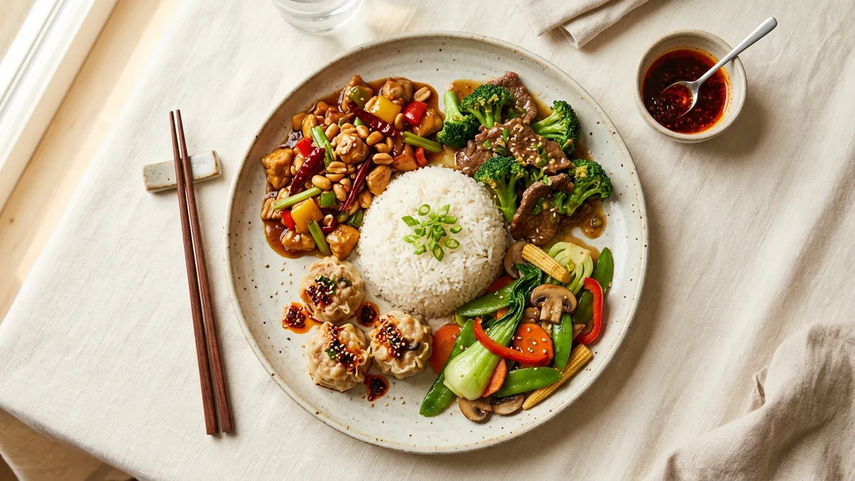 Plato de comida china variada con arroz y verduras