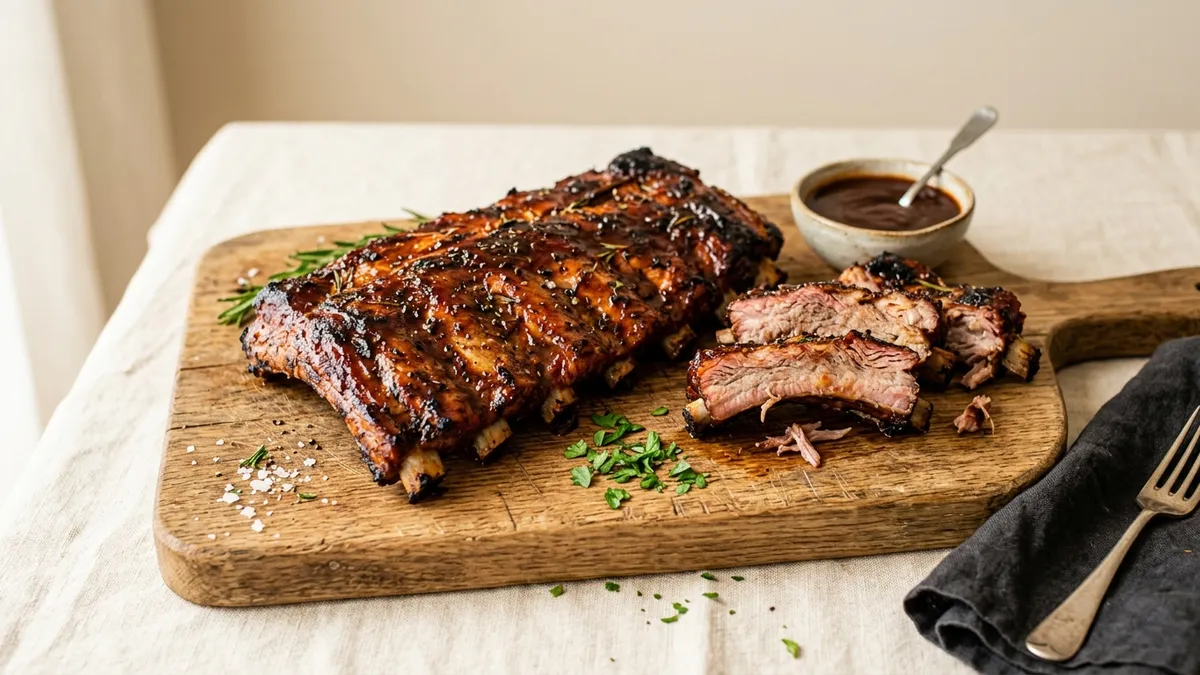 Costillas de cerdo asadas con salsa barbacoa sobre tabla de madera