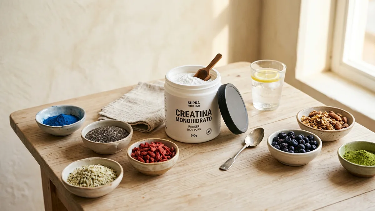 Envase de creatina en polvo sobre mesa