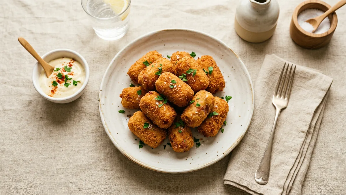 Croquetas doradas sobre un plato blanco