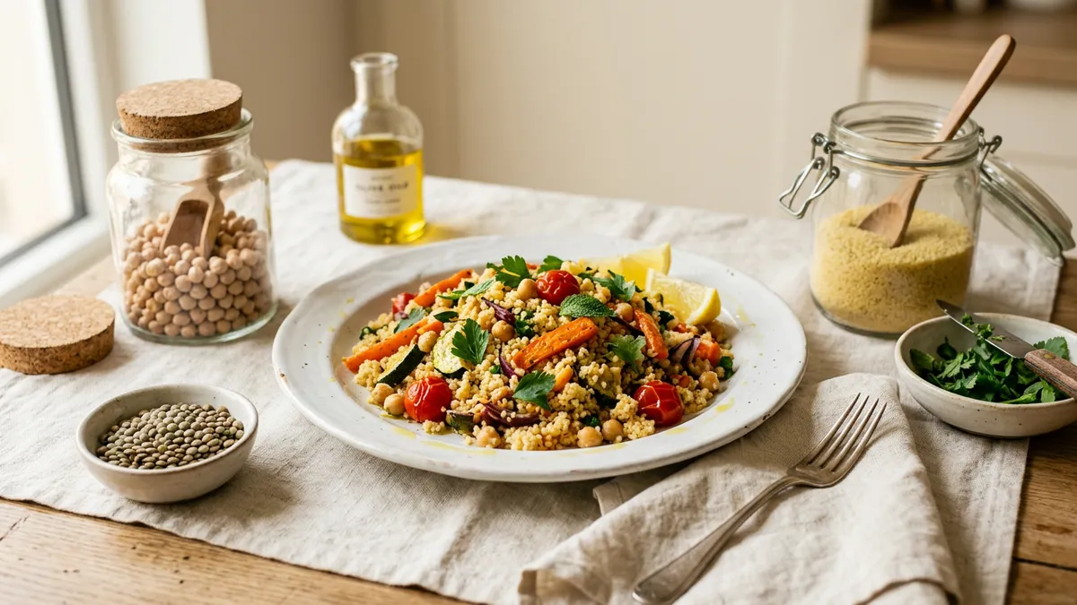 Cuscús cocido en un plato blanco con verduras