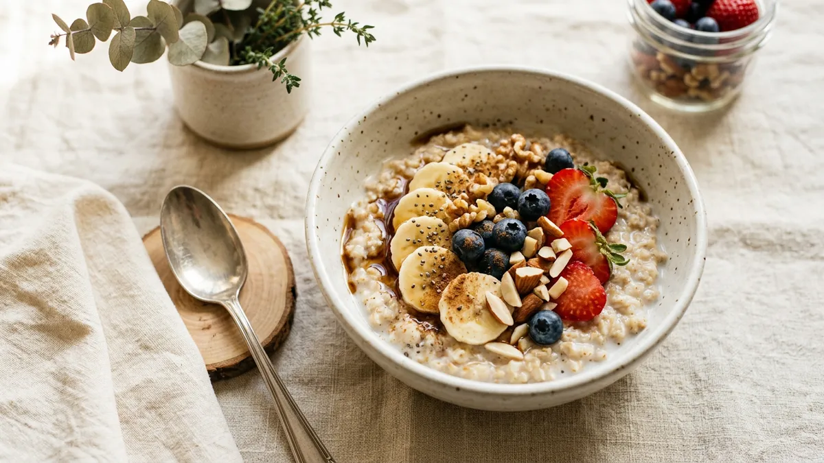 Tazón de avena cocida con frutas y nueces