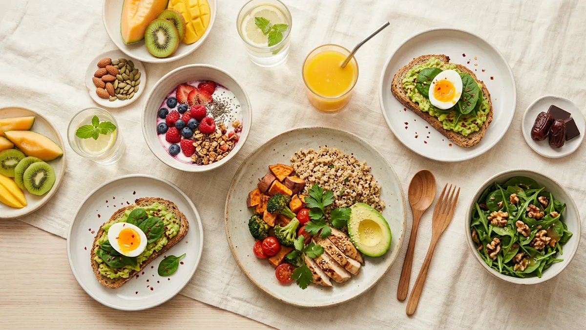 Alimentos variados en una mesa para dieta de embarazadas
