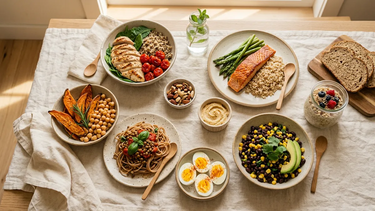 Alimentos ricos en proteínas y carbohidratos dispuestos en una mesa