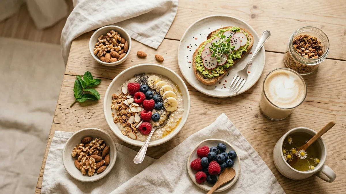 Alimentos saludables sobre mesa de madera