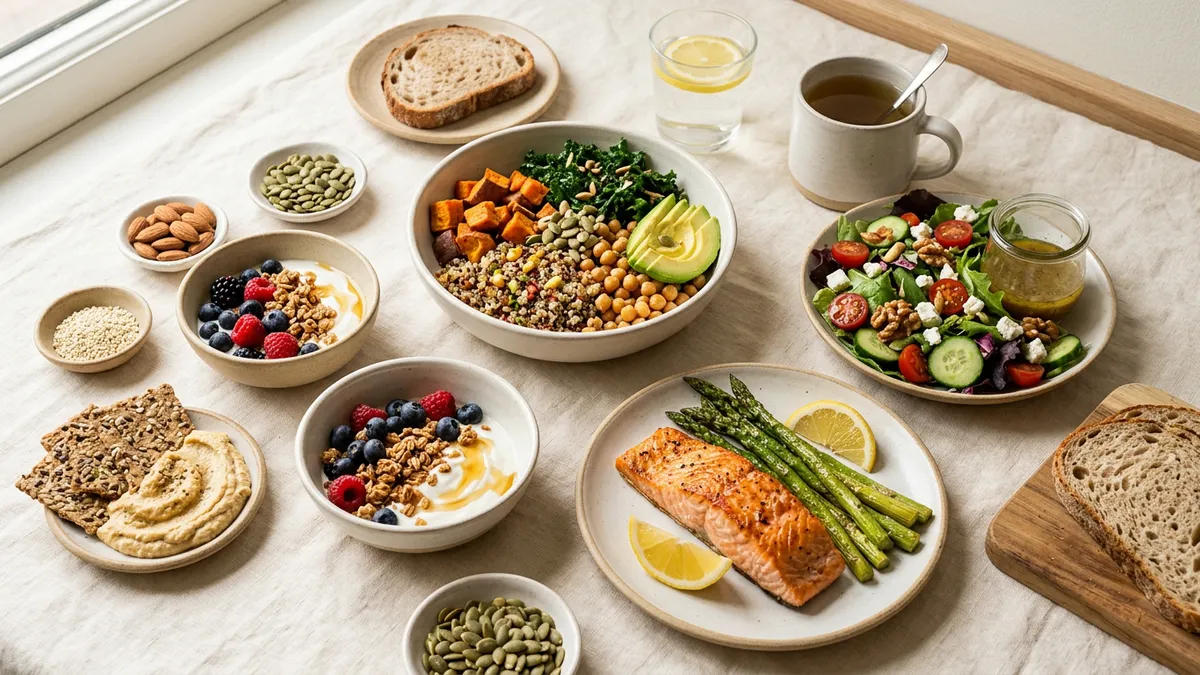 Alimentos variados sobre una mesa, representando una dieta